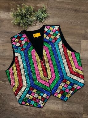JC Vintage Rainbow Colorful Mosaic Sequin Vest Unisex XXXL Pride USA Whimsical